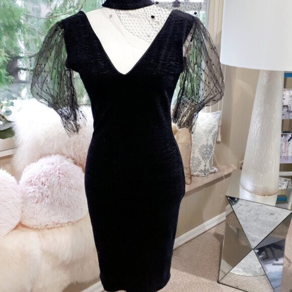 NWOT TFNC black & gold tulle sleeve choker velvet mini dress - Picture 6 of 13